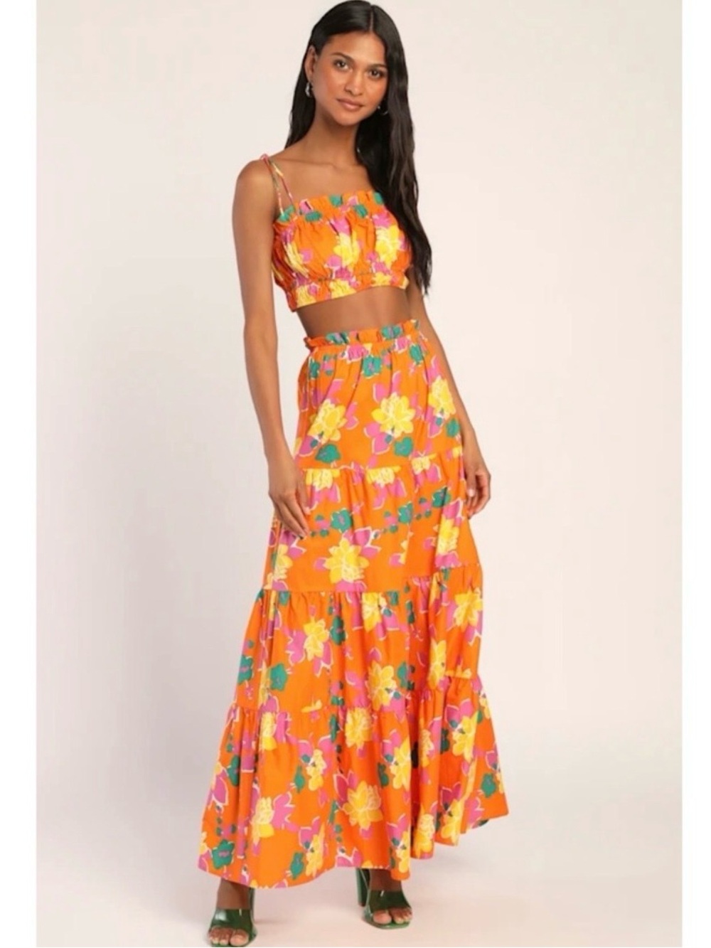 100% Cotton Orange Floral Tiered Maxi Dress